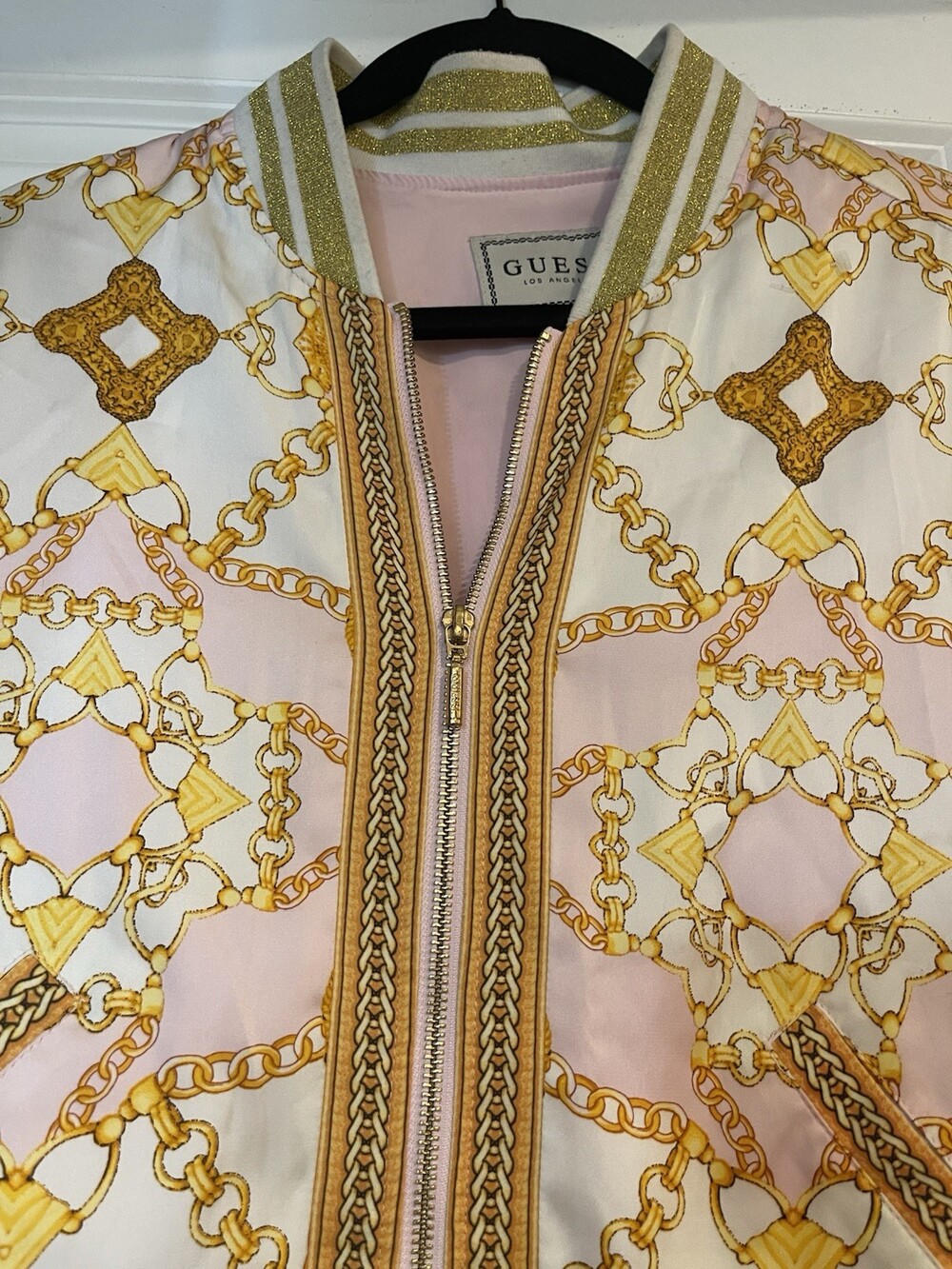Vintage Guess Italian Maximalist Baroque Bomber Jacket Sz L Gold Chain Pink Zip